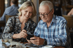 Man and woman looking at phone for implants